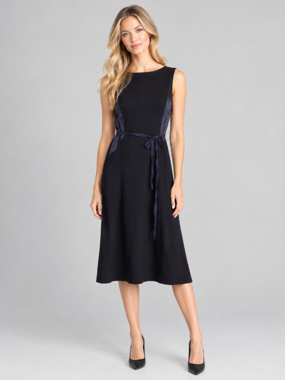 T TAHARI Sleeveless Paneled Sheath Dress with Satin Sash Back Zip Black 4 #A5057